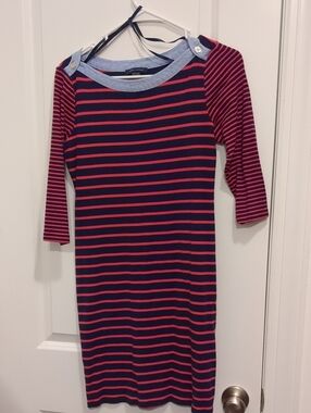 Tommy Hilfiger Navy and Pink Striped Boatneck Dress